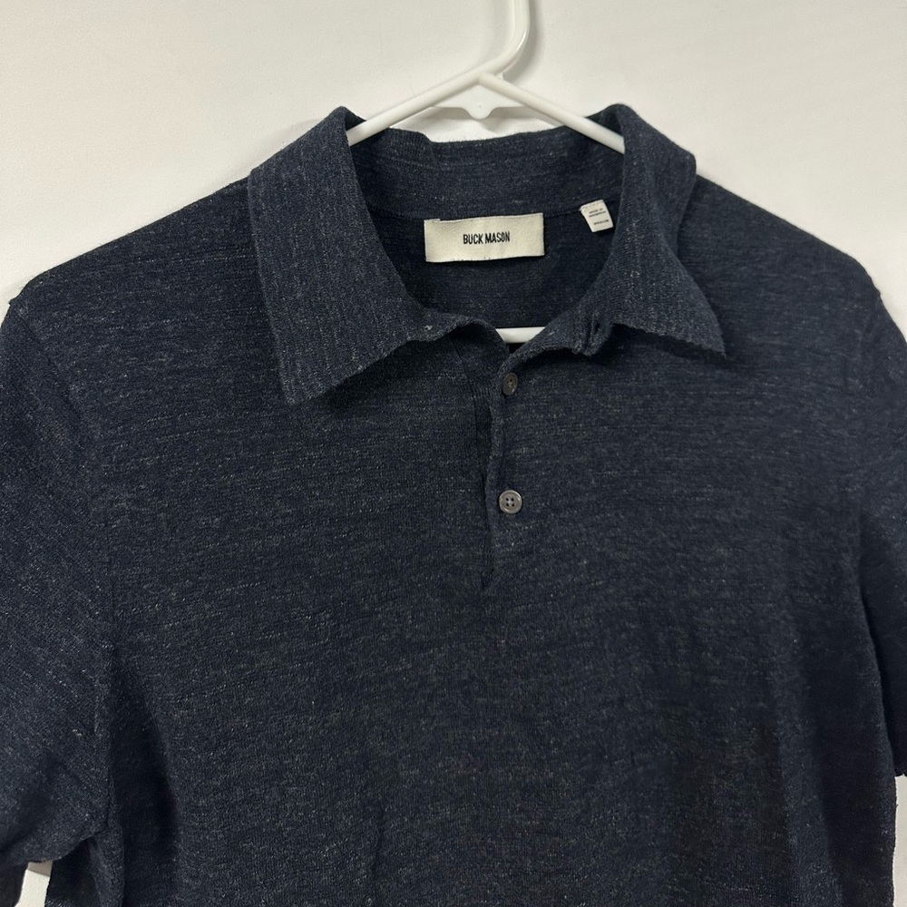 Buck Mason Polo Shirt Mens Medium Slim Fit Navy Blue Knit Short Sleeve Heathered - Picture 2 of 7